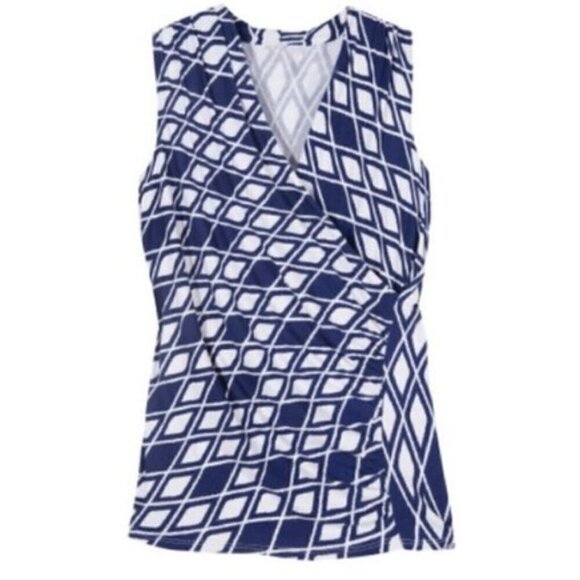 41 Hawthorne Navy White Diamond Pattern Cross Surplice Front Sleeveless Knit Top - Picture 2 of 7